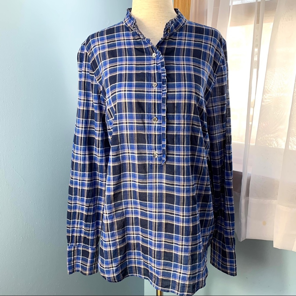J. Crew Ocean Blue Plaid Ruffle Popover Shirt - Picture 10 of 10